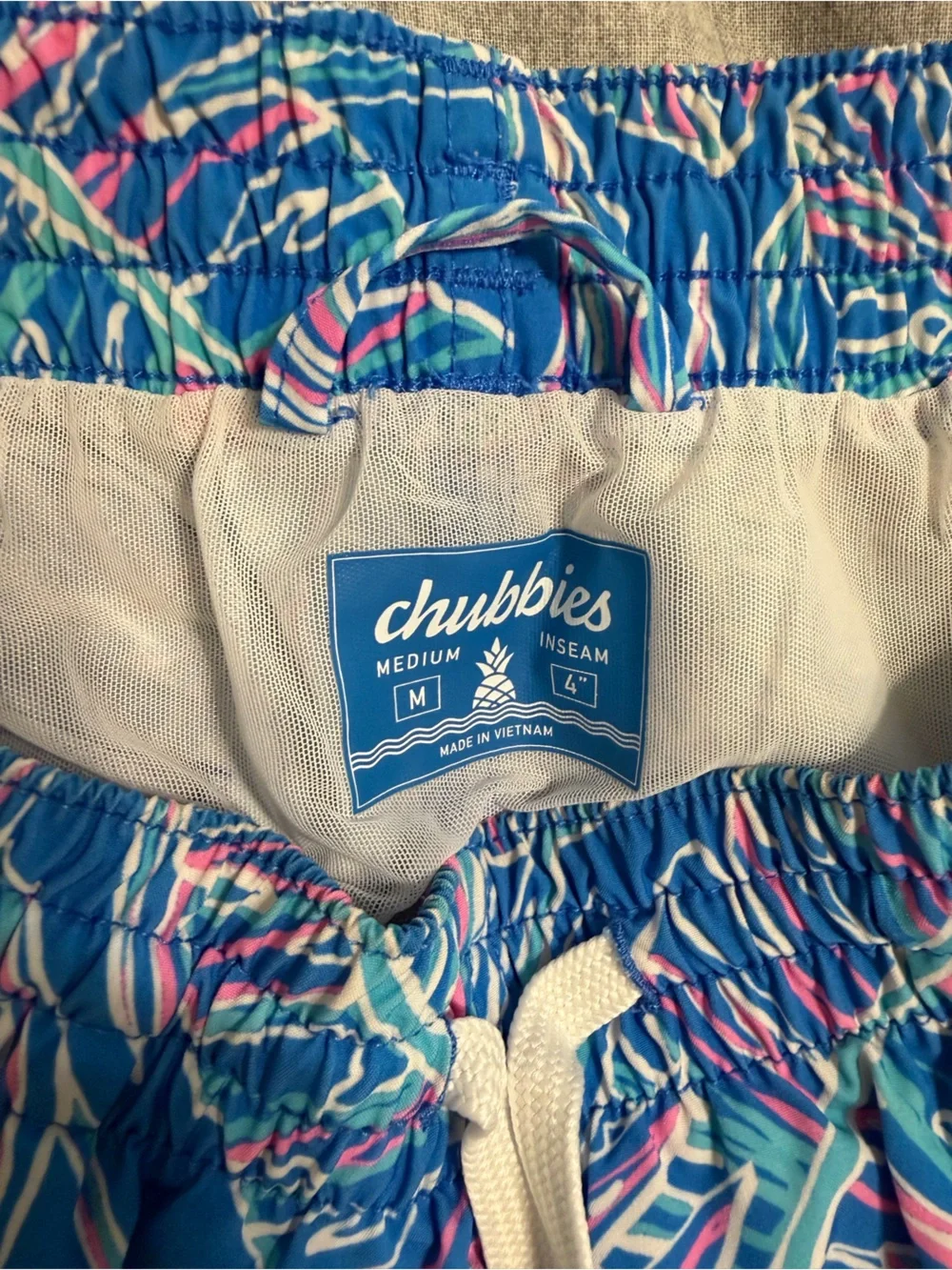 Chubbies Blue Tropical Swim Shorts with Pink & White Accents